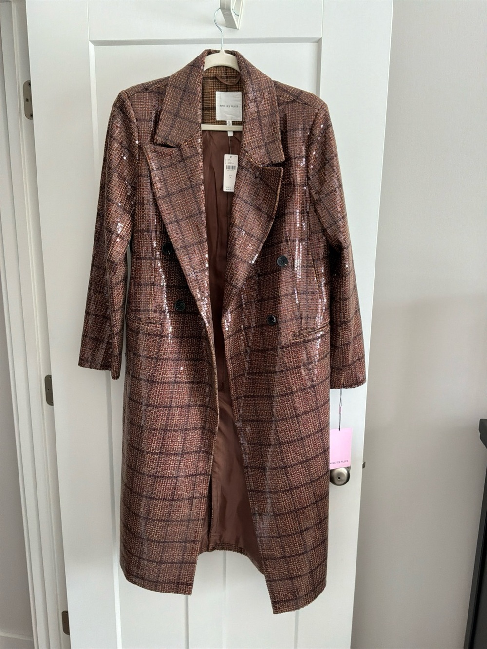 Avec Les Filles Brown Plaid Sequin Trench Coat
